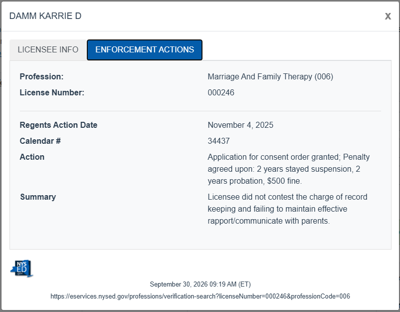 NYSED license verification record for Karrie D. Damm, Marriage and Family Therapy license 000246, showing the November 4, 2025 enforcement action.